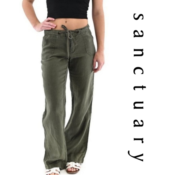 Sanctuary Pants - Sanctuary Beach Comber Relaxed Fit Olive Linen Drawstring Pants